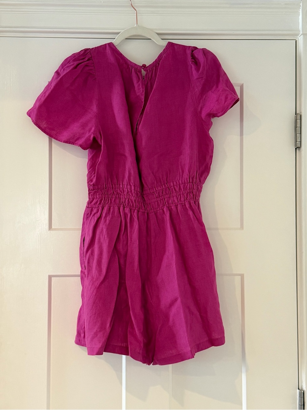 Anthropologie Somerset Bright Fuchsia Linen Smocked-Waist Romper size XS